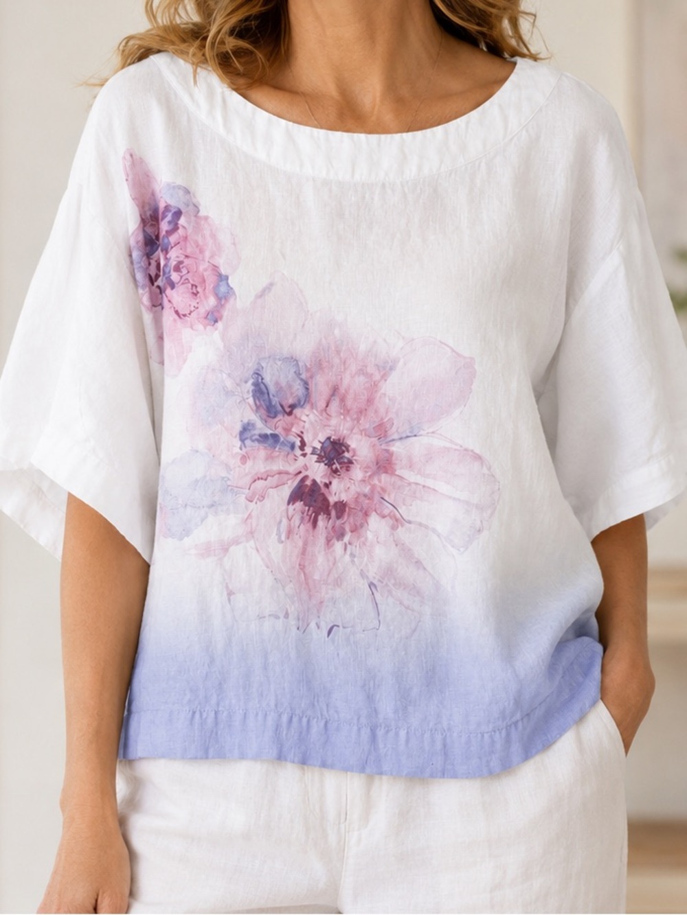 J. Jill Linen Top white lavender floral watercolor size M